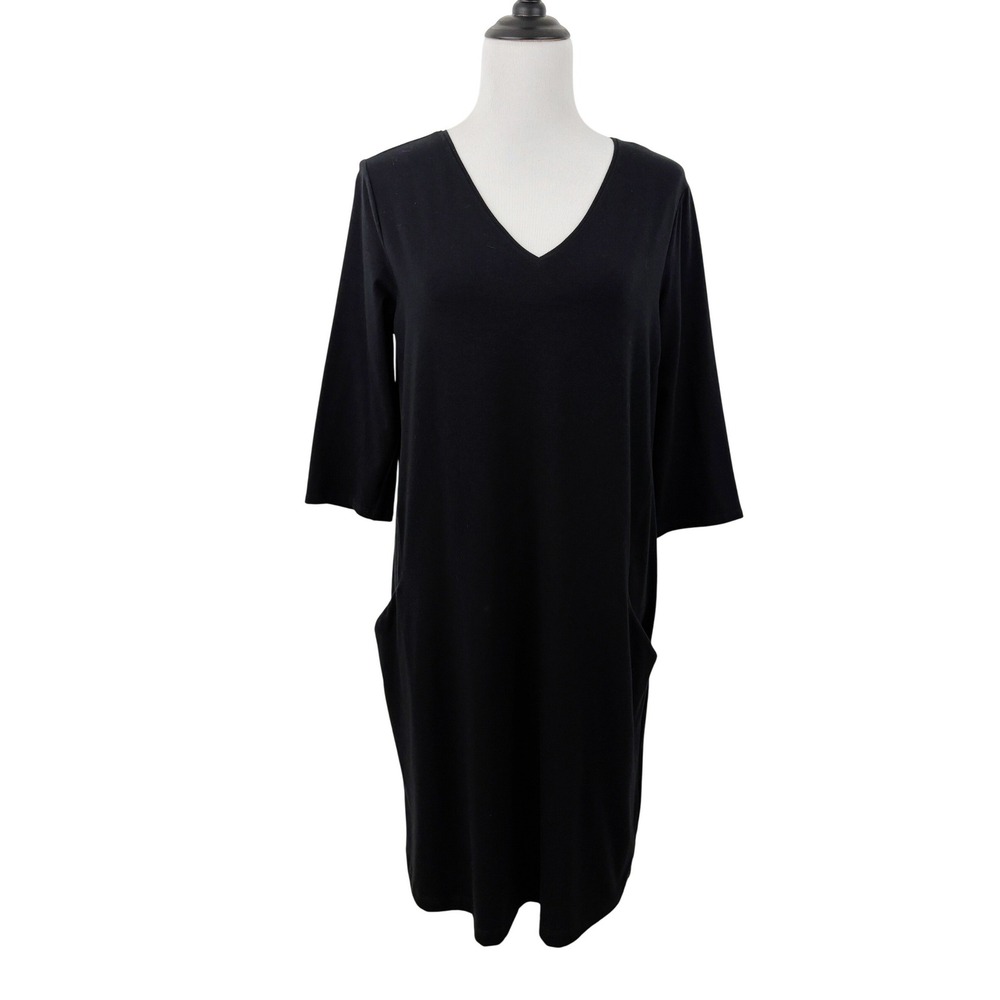 Eileen Fisher Black Organic Cotton V-Neck Shift Dress Size M Pockets Minimalist